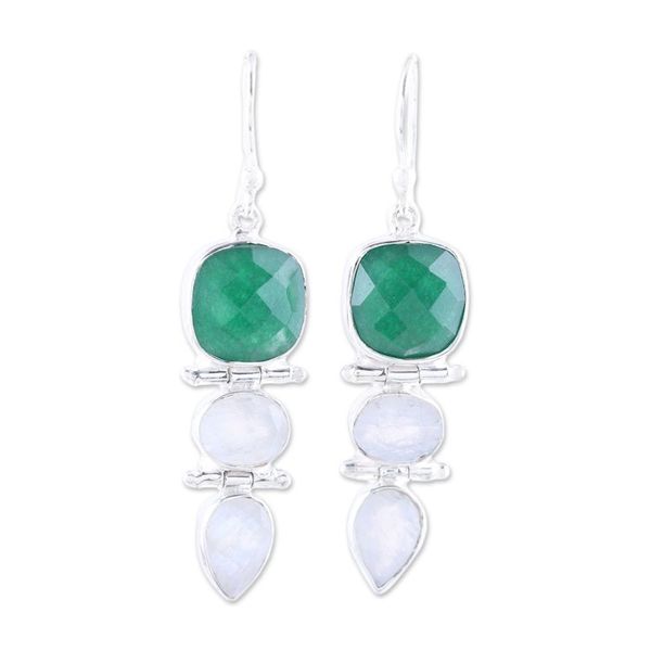 Alternate image for Green Onyx and Rainbow Moonstone Dangle Earrings from India Glittering Muse