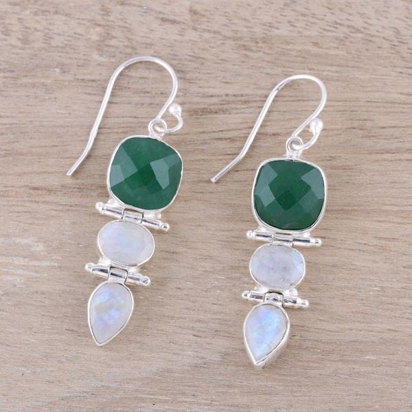 Alternate image for Green Onyx and Rainbow Moonstone Dangle Earrings from India Glittering Muse
