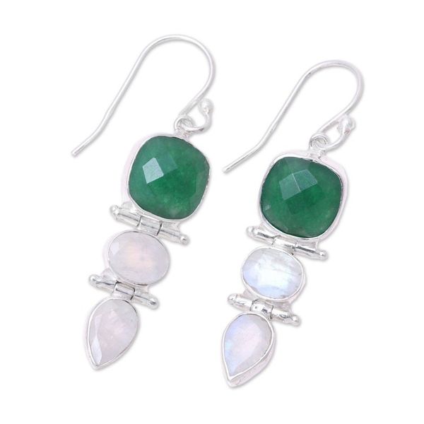 Alternate image for Green Onyx and Rainbow Moonstone Dangle Earrings from India Glittering Muse