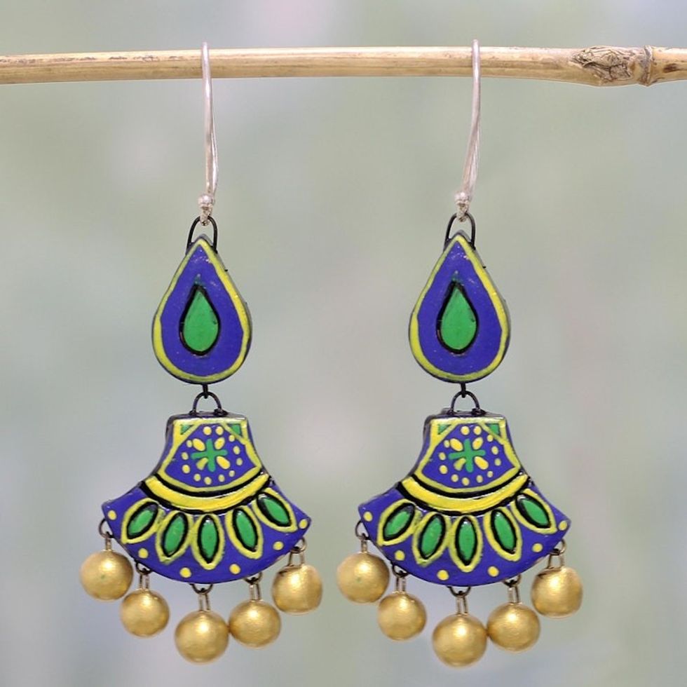 Blue and Green Ceramic Dangle Earrings by Indian Artisans 'Royal Rainfall'