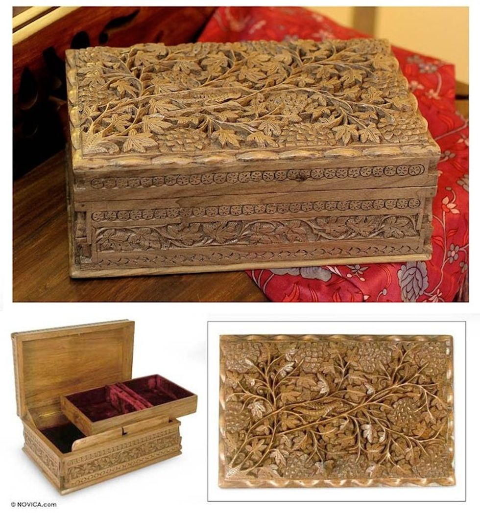 Hand Made Wood Jewelry Box 'Vineyard Bird'