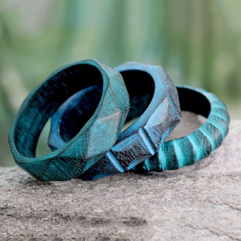 Fair Trade Mango Wood Bangle Bracelets Set of 3 'Turquoise Treasure'