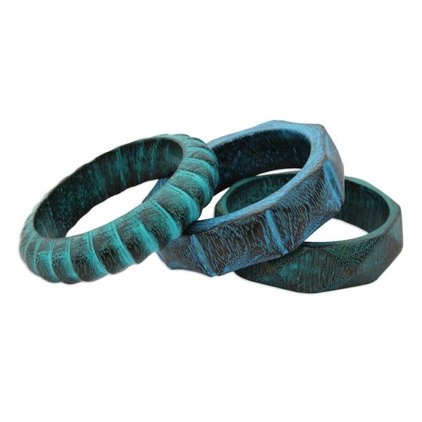 Alternate image for Fair Trade Mango Wood Bangle Bracelets Set of 3 Turquoise Treasure