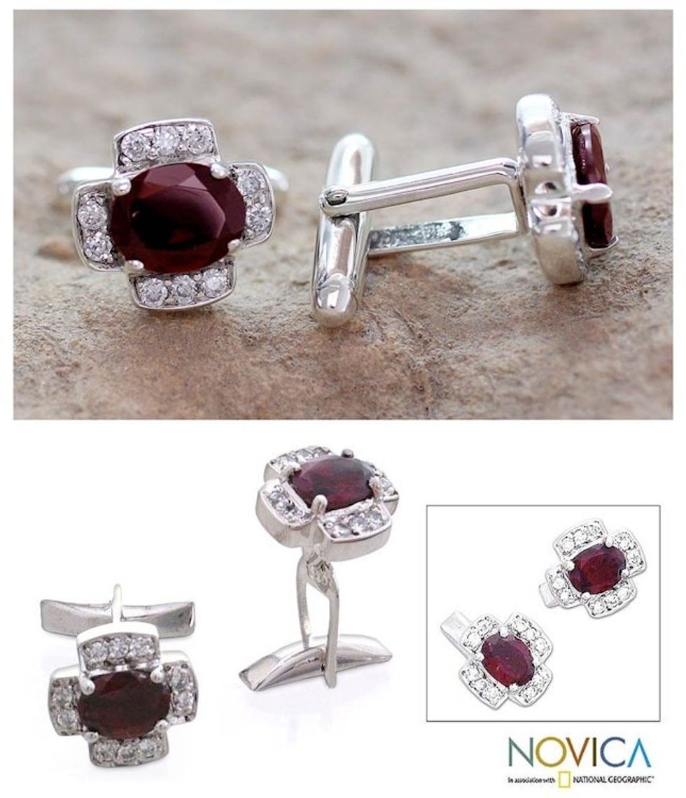 Men's Sterling Silver Garnet Cufflinks Cubic Zirconia 'Sophisticate'