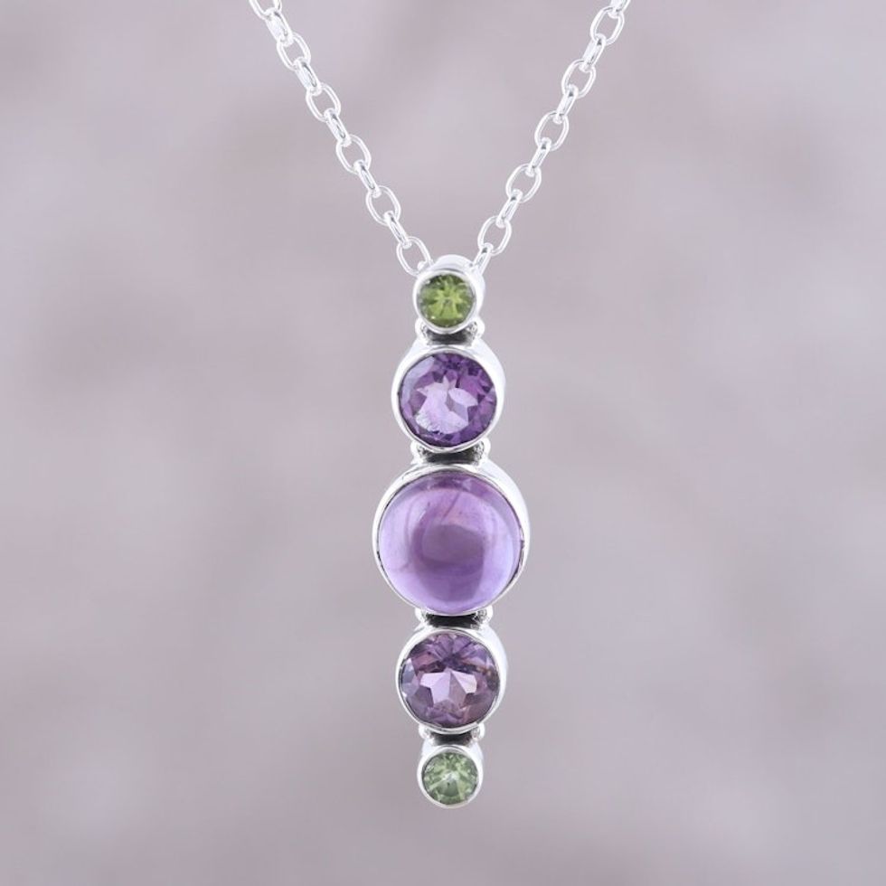 Amethyst and Peridot Pendant Necklace Crafted in India 'Glittering Union'