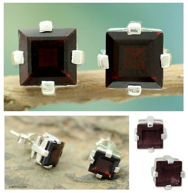 Alternate image for Garnet Studs Artisan Crafted Sterling Silver Earrings Crimson Charm