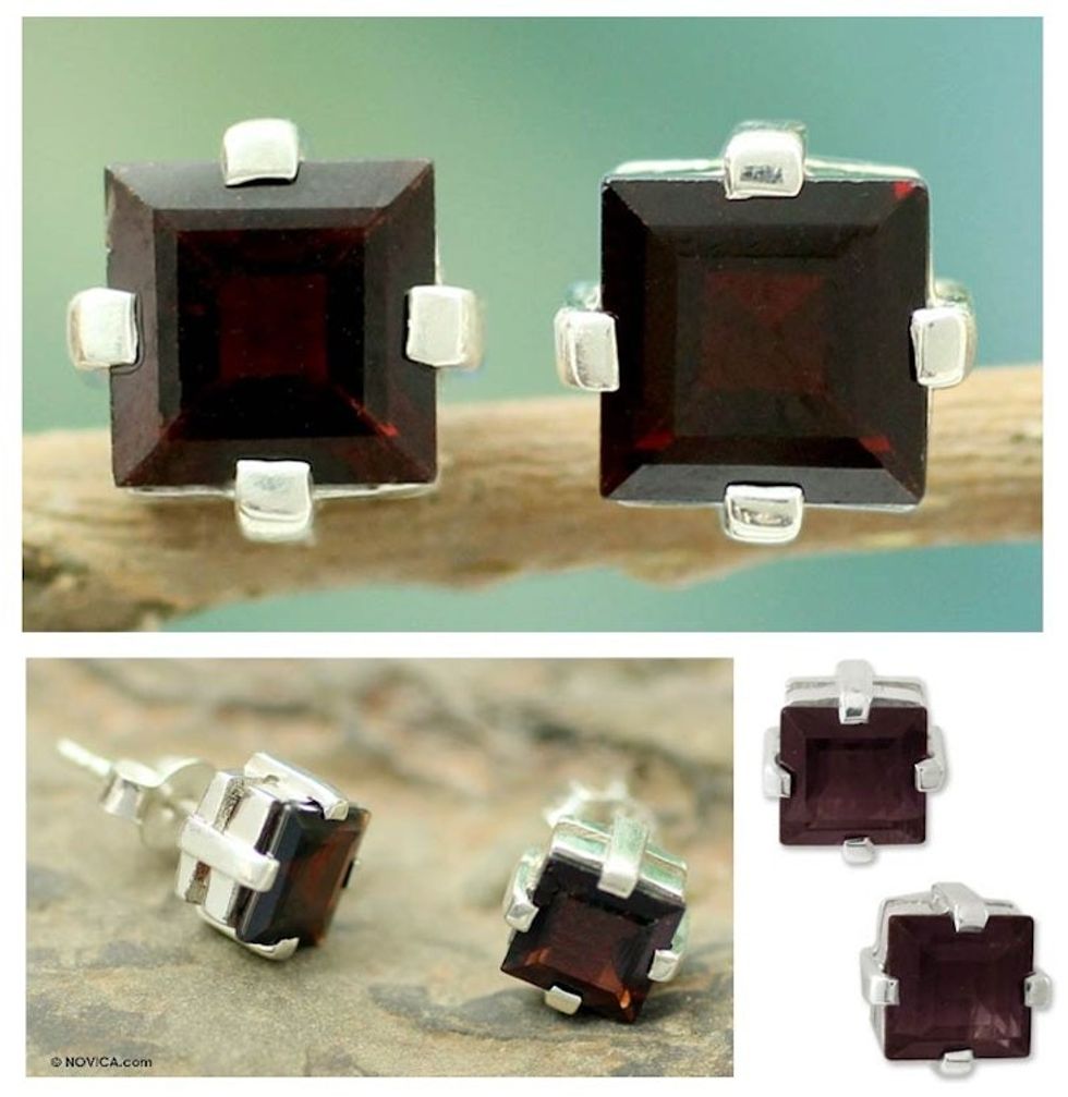 Garnet Studs Artisan Crafted Sterling Silver Earrings 'Crimson Charm'