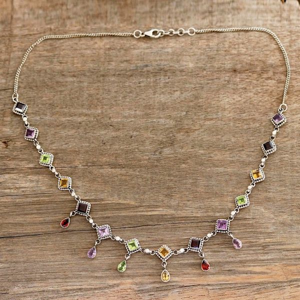 Alternate image for Multi-Gemstone Link Necklace Crafted in India Shimmering Light