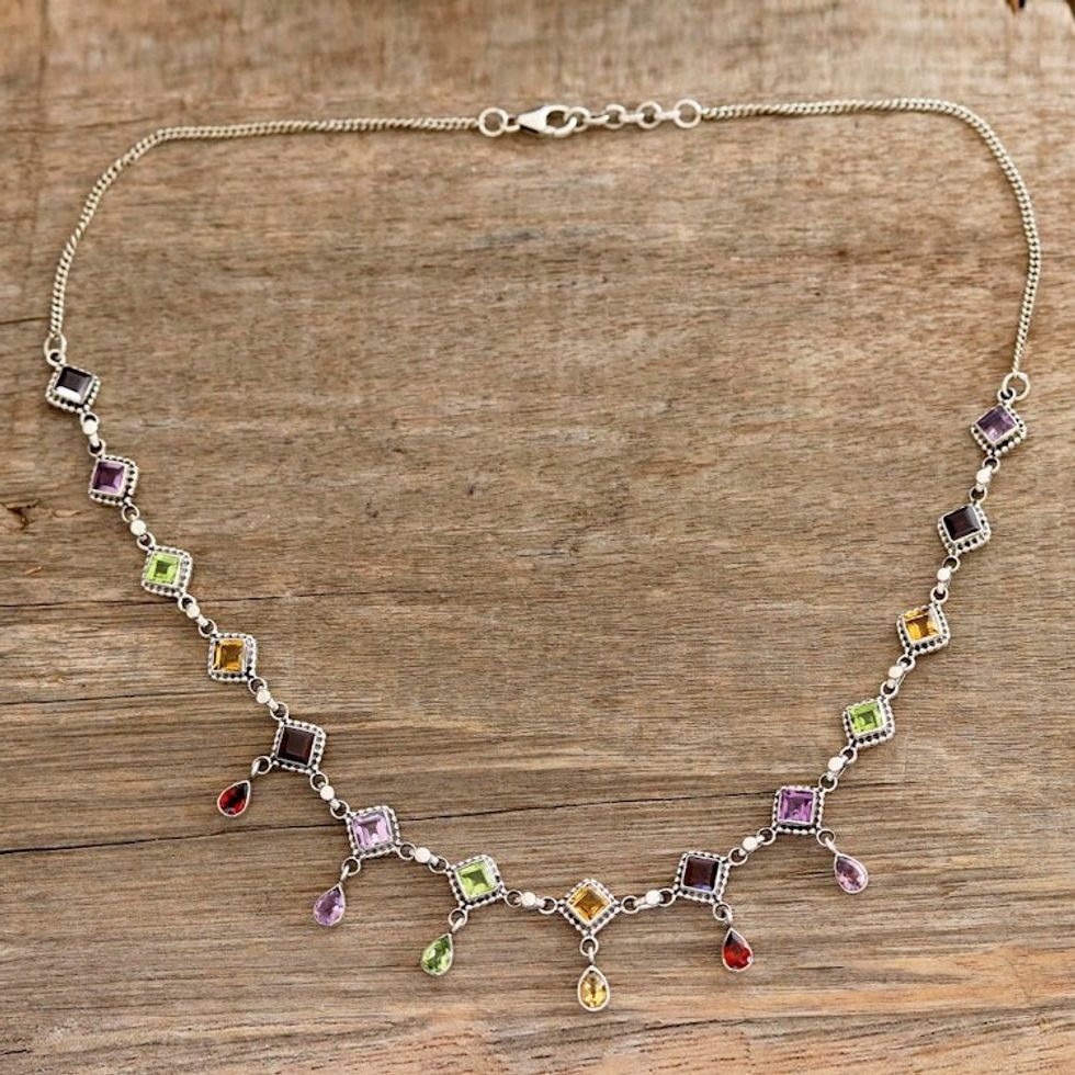 Multi-Gemstone Link Necklace Crafted in India 'Shimmering Light'