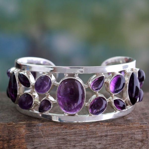 Alternate image for Amethyst Studded Sterling Silver Cuff Bracelet from India Purple Harmony