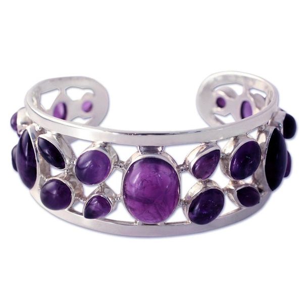Alternate image for Amethyst Studded Sterling Silver Cuff Bracelet from India Purple Harmony