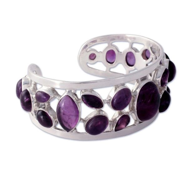 Alternate image for Amethyst Studded Sterling Silver Cuff Bracelet from India Purple Harmony