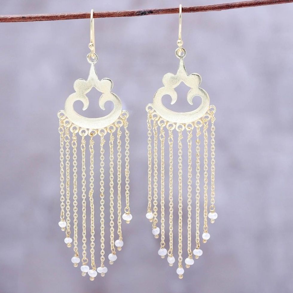 Gold Plated Cultured Pearl Waterfall Earrings from India 'Glowing Rain'