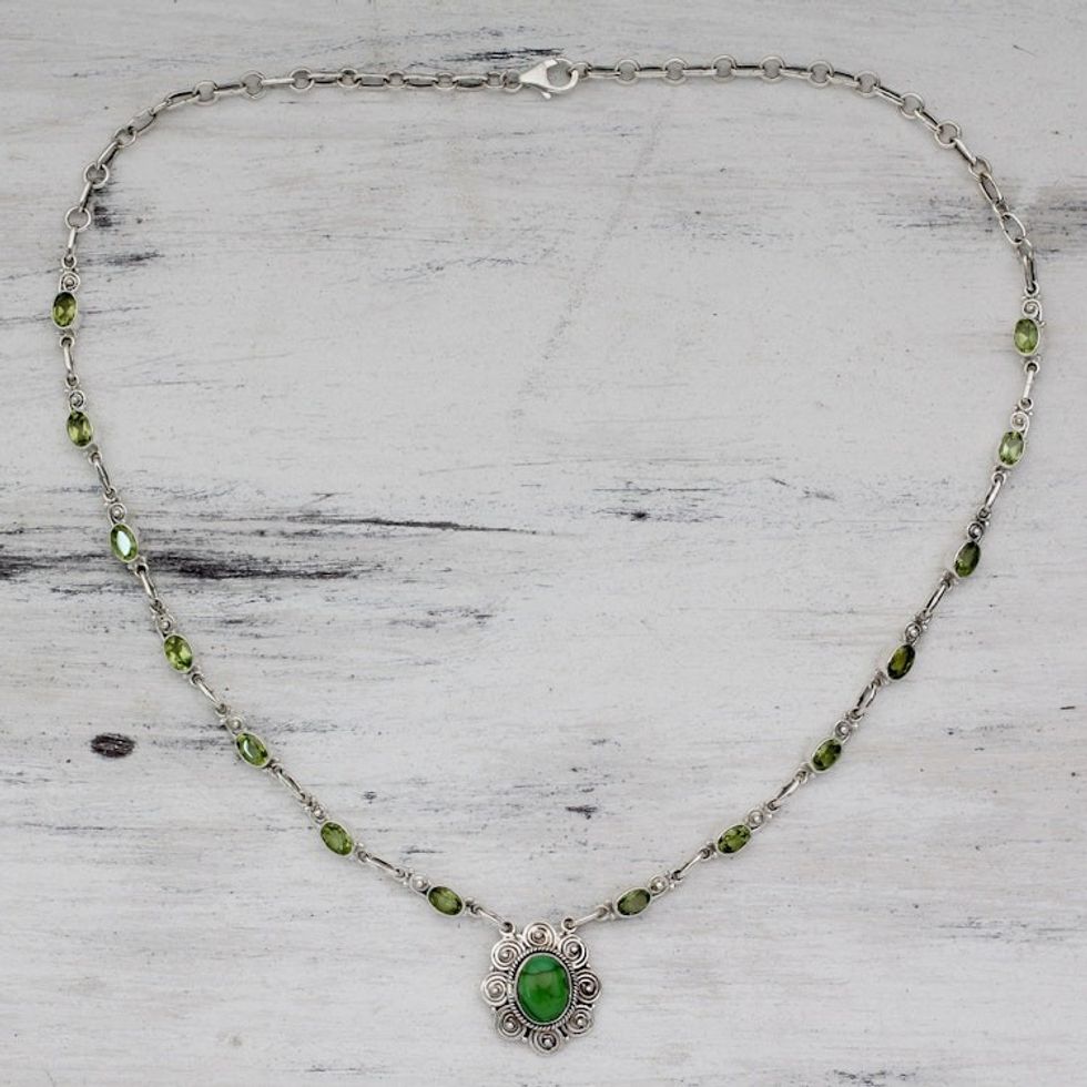 Peridot and Silver 925 Necklace with Composite Turquoise 'Woodland Halo'
