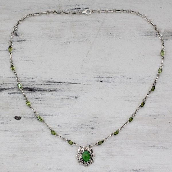 Alternate image for Peridot and Silver 925 Necklace with Composite Turquoise Woodland Halo