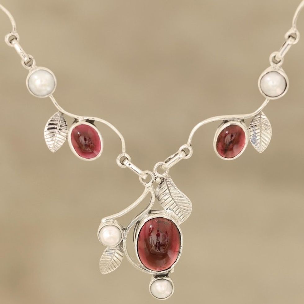 Leaf Motif Garnet and Cultured Pearl Necklace from India 'Enthralling Beauty'