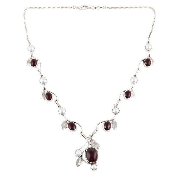 Alternate image for Leaf Motif Garnet and Cultured Pearl Necklace from India Enthralling Beauty