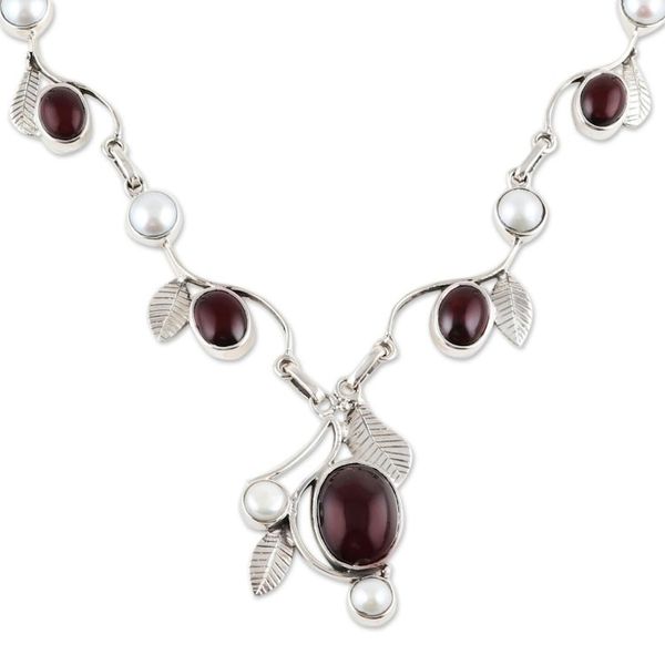 Alternate image for Leaf Motif Garnet and Cultured Pearl Necklace from India Enthralling Beauty
