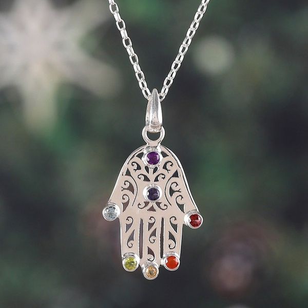 Alternate image for Multi-Gemstone Hamsa Chakra Pendant Necklace from India Hamsa Chakra