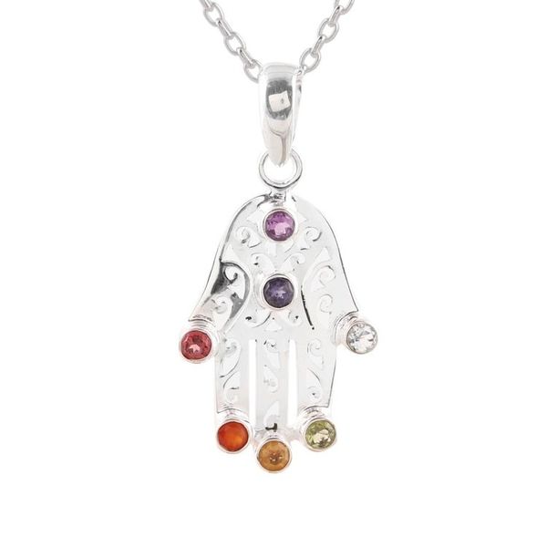 Alternate image for Multi-Gemstone Hamsa Chakra Pendant Necklace from India Hamsa Chakra