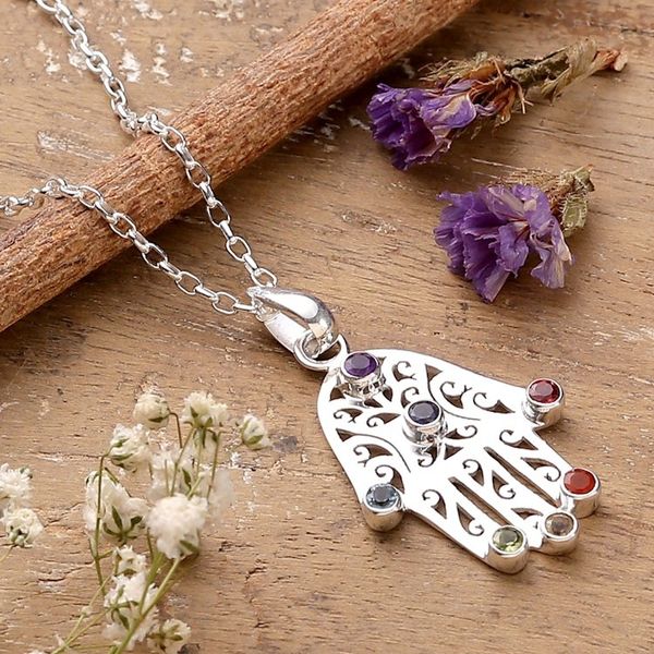 Alternate image for Multi-Gemstone Hamsa Chakra Pendant Necklace from India Hamsa Chakra