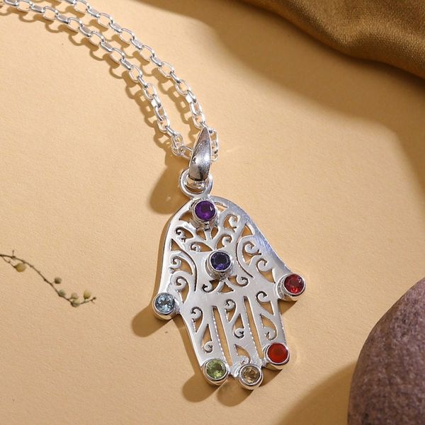 Alternate image for Multi-Gemstone Hamsa Chakra Pendant Necklace from India Hamsa Chakra