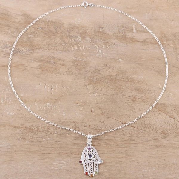 Alternate image for Multi-Gemstone Hamsa Chakra Pendant Necklace from India Hamsa Chakra