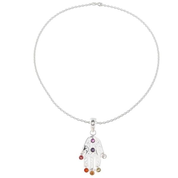 Alternate image for Multi-Gemstone Hamsa Chakra Pendant Necklace from India Hamsa Chakra