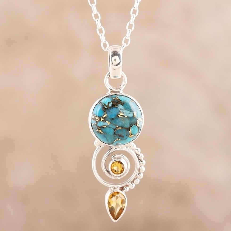Citrine and Composite Turquoise Spiral Pendant Necklace 'Cool Labyrinth'