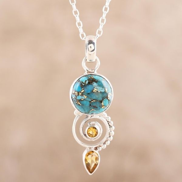 Alternate image for Citrine and Composite Turquoise Spiral Pendant Necklace Cool Labyrinth