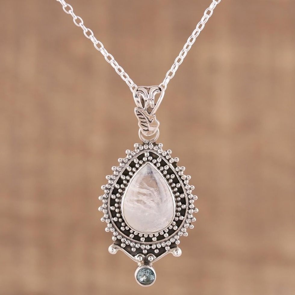 Handcrafted Rainbow Moonstone Pendant Necklace from India 'Tranquil Beauty'