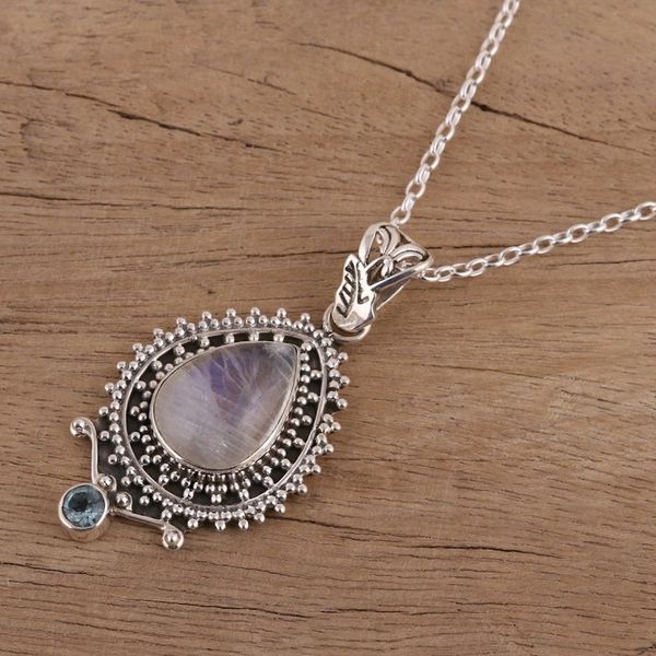 Alternate image for Handcrafted Rainbow Moonstone Pendant Necklace from India Tranquil Beauty