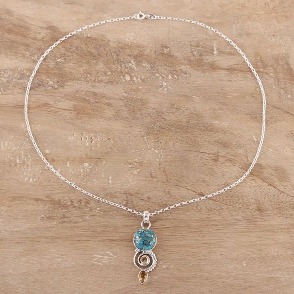 Alternate image for Citrine and Composite Turquoise Spiral Pendant Necklace Cool Labyrinth