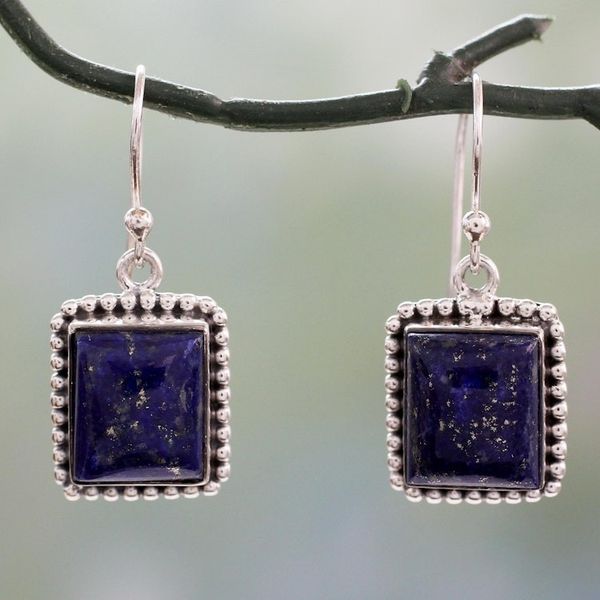 Alternate image for Sterling Silver Dangle Earrings from India with Lapis Lazuli Good Will Spirit