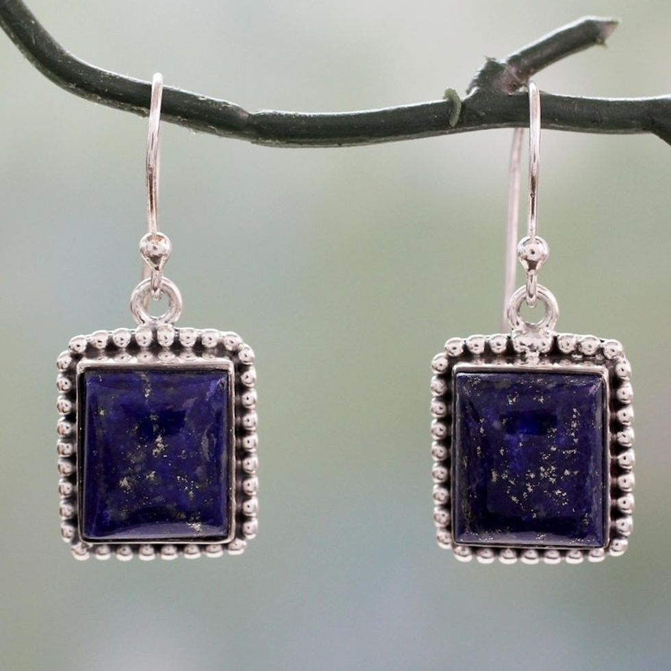 Sterling Silver Dangle Earrings from India with Lapis Lazuli 'Good Will Spirit'