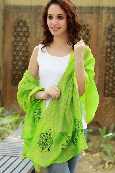 Alternate image for Black Silk and Cotton Block Print Shawl Lime Garden