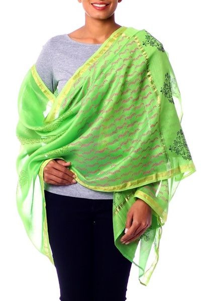 Alternate image for Black Silk and Cotton Block Print Shawl Lime Garden