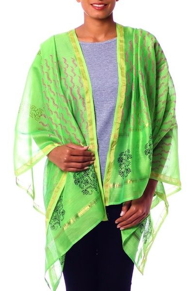 Alternate image for Black Silk and Cotton Block Print Shawl Lime Garden