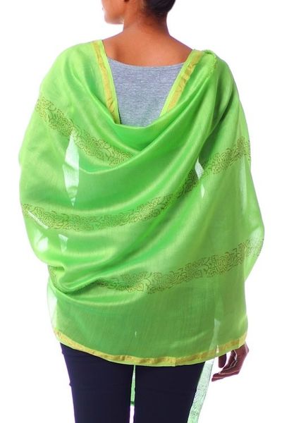 Alternate image for Black Silk and Cotton Block Print Shawl Lime Garden