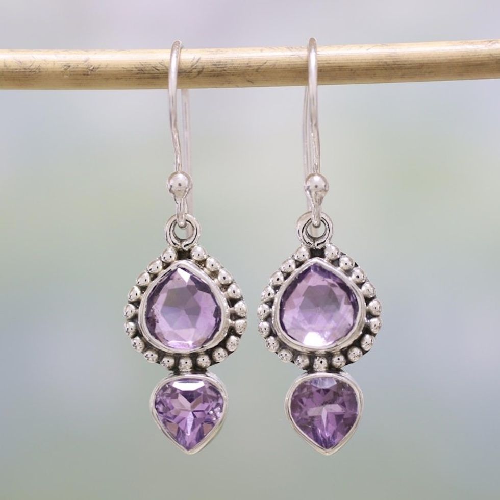 Amethyst and Sterling Silver Dangle Earrings from India 'Lovely Radiance'