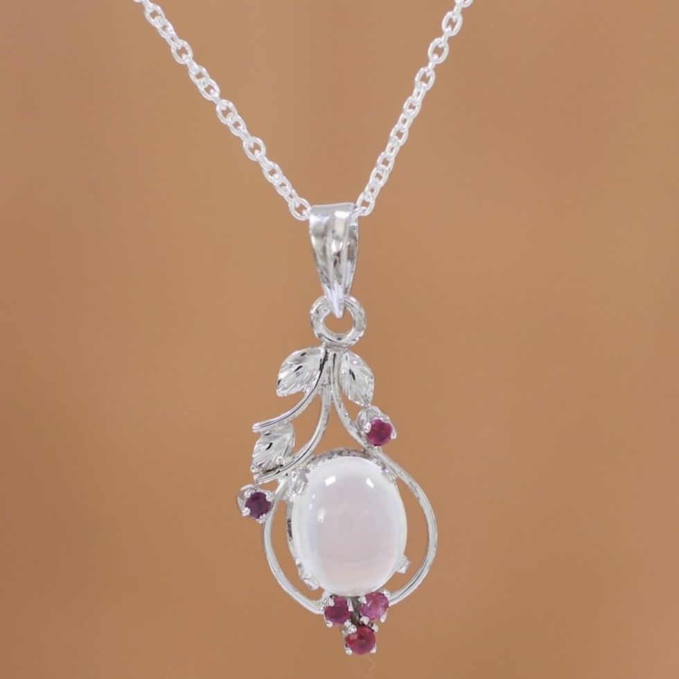 Ruby and Moonstone Sterling Silver Pendant Necklace 'Moonlight Enchantment'