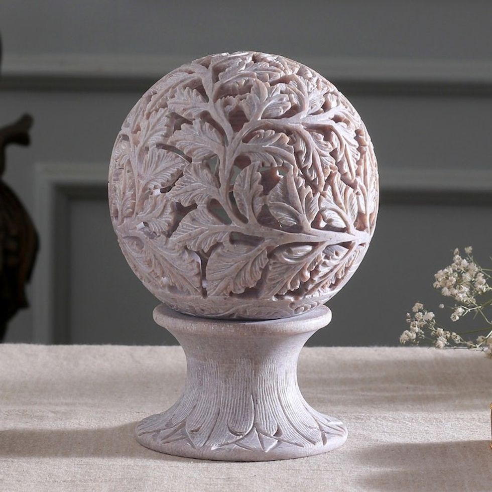 Handcrafted Soapstone Leaf and Tree Candle Holder 'Light the World'