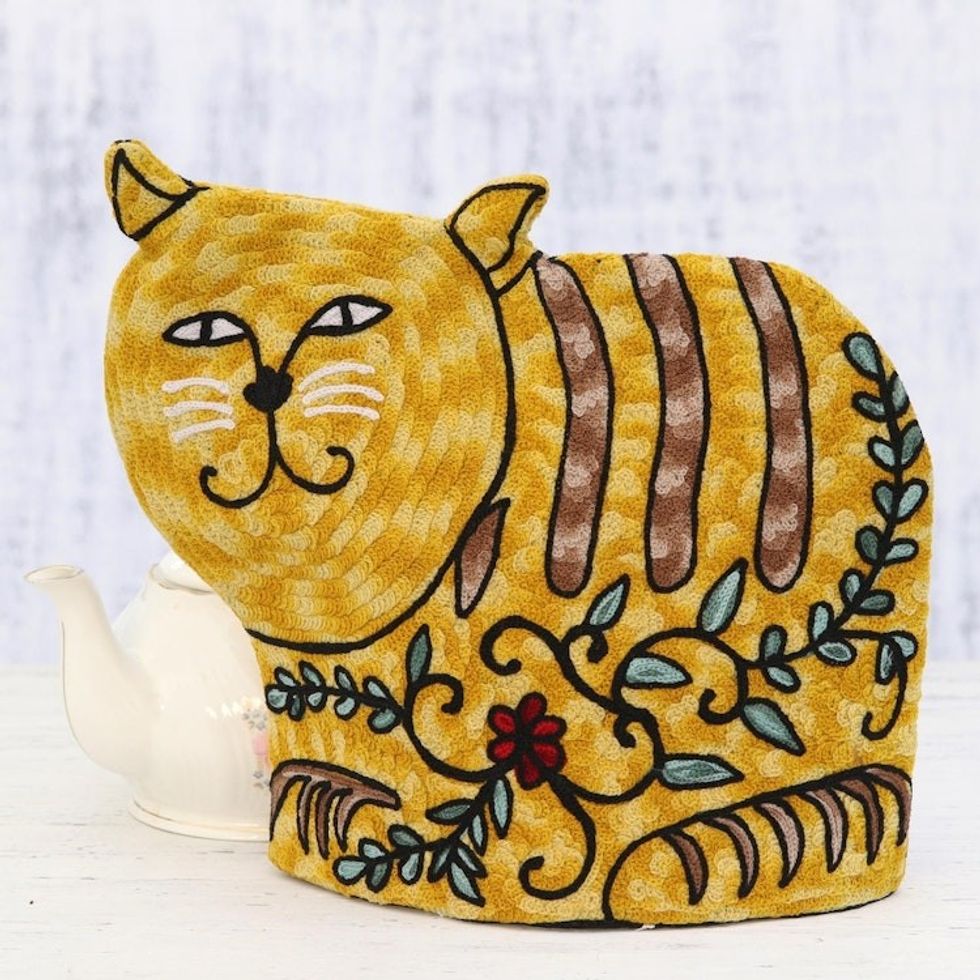 Cat-Shaped Embroidered Wool Tea Cozy in Yellow from India 'Delightful Cat in Yellow'
