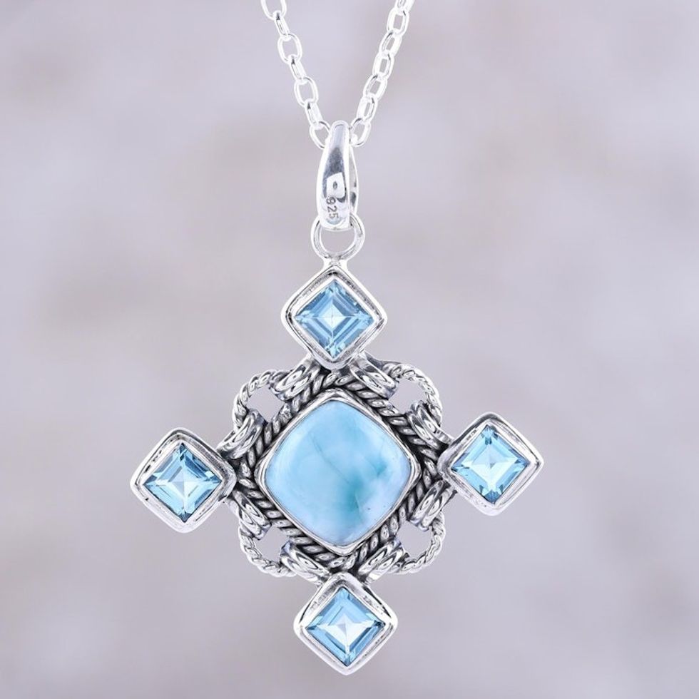 Larimar and Faceted Blue Topaz Pendant Necklace from India 'Dazzling Sky'