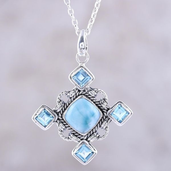 Alternate image for Larimar and Faceted Blue Topaz Pendant Necklace from India Dazzling Sky