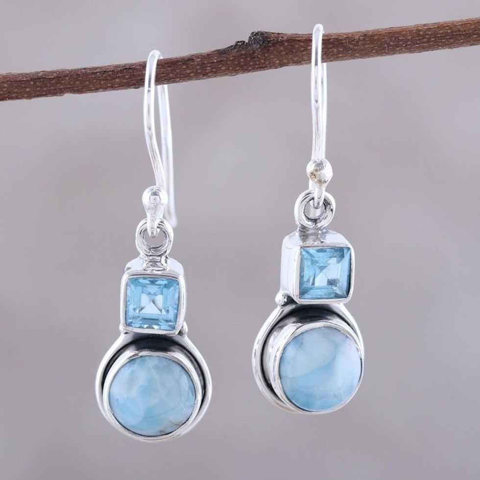 Larimar and Blue Topaz Sterling Silver Dangle Earrings 'Glittering Sky'