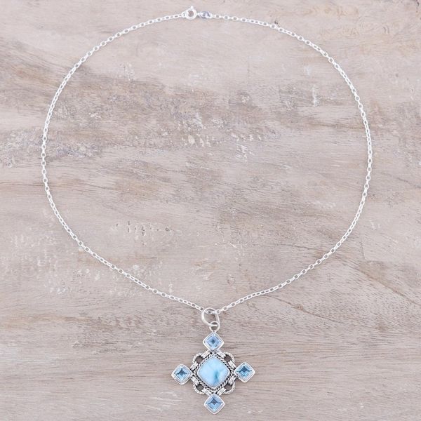 Alternate image for Larimar and Faceted Blue Topaz Pendant Necklace from India Dazzling Sky