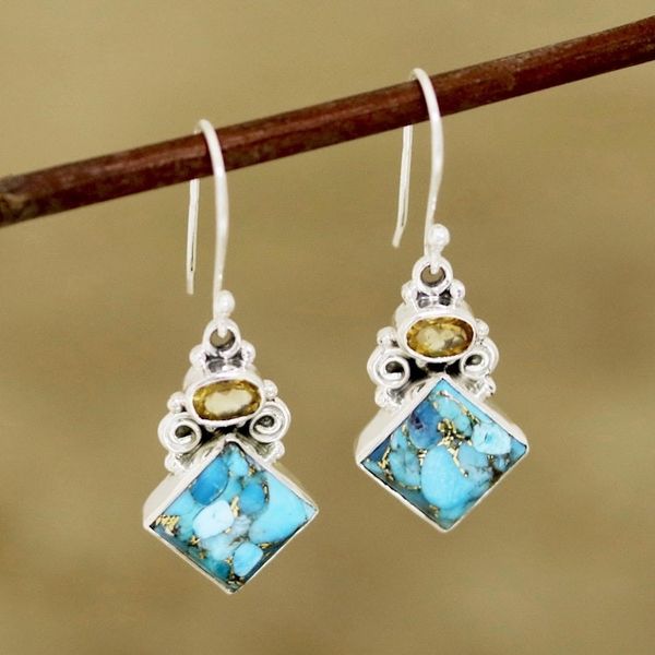 Alternate image for Citrine and Composite Turquoise Dangle Earrings from India Sky Fragments