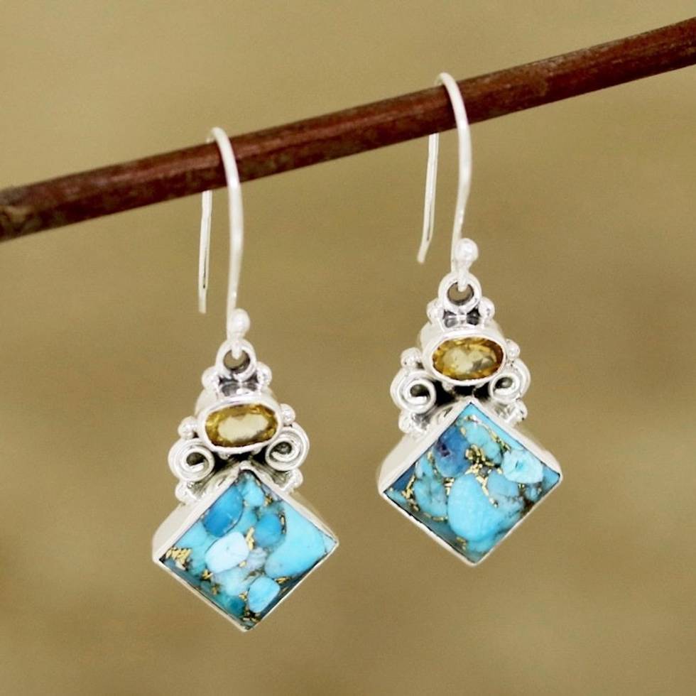 Citrine and Composite Turquoise Dangle Earrings from India 'Sky Fragments'