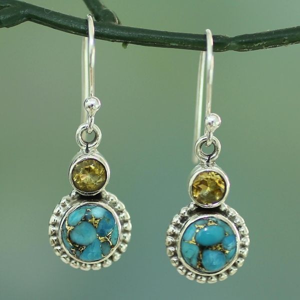 Alternate image for Citrine and Composite Turquoise Sterling Silver Earrings Earth and Sun